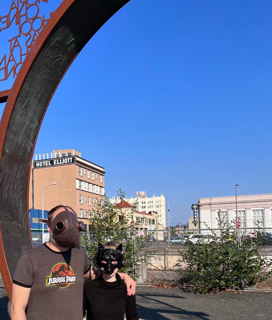 Visiting the Garden of the Surging Waves in downtown Astoria Oregon.