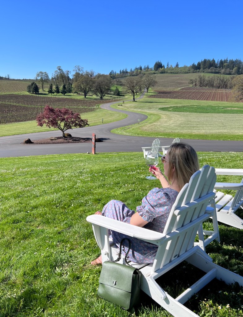 Enjoying the beautiful grounds at Stoller Estate, a sustainable winery, in the Upper Willamette Valley Wine Region.