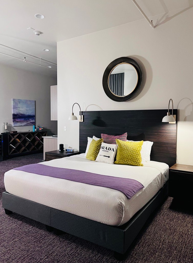 Spacious well-appointed room at the Dundee Hotel, a boutique hotel in Oregon Wine Country, and one of the onsite wine tasting rooms.